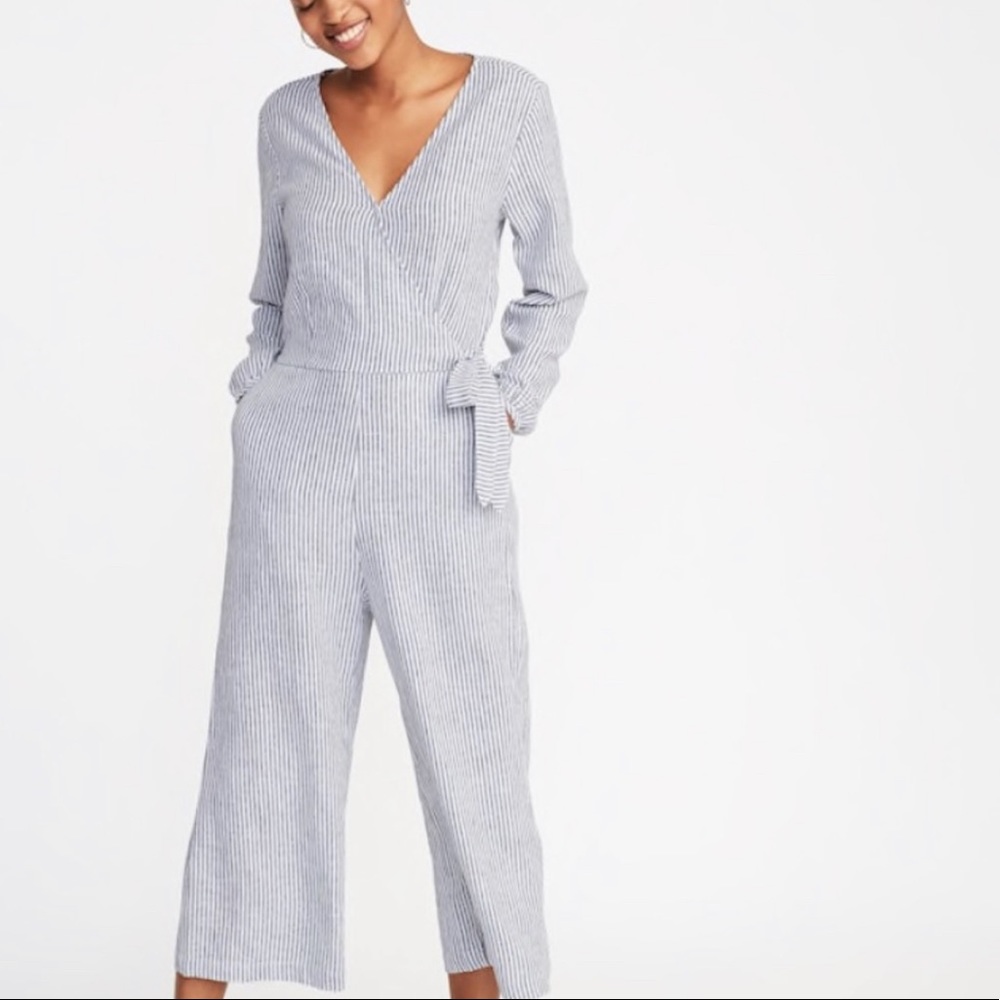 Blue and white striped jumpsuit